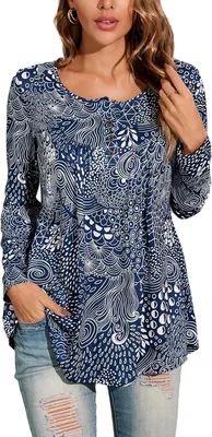 Produktbild von Damen Tunika Shirt lange Ärmel, V-Ausschnitt, Größen S-3XL, Blumen Paisley Print, für Alltag