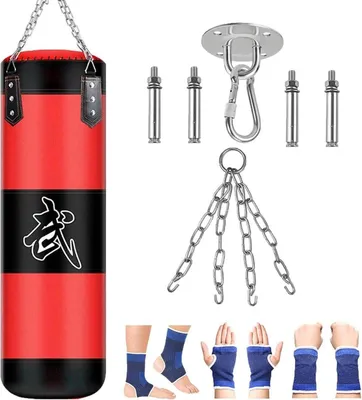 Zdjęcie produktu dla Wiszący worek bokserski z rękawicami bokserskimi MMA Muay Martial Arts Kit 100x30 cm czarny/czerwony