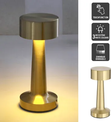 A gold-colored rechargeable battery-powered table lamp with a touch function and adjustable brightness is shown on a light gray and white background. To the right of the lamp are three icons with text describing its features: touch function, 3 white light