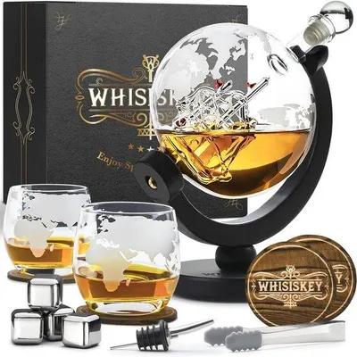 Zdjęcie produktu dla Zestaw karafek do whisky - Luksusowa karafka o pojemności 900 ml z 4 kamieniami do whisky i 2 szklankami - Idealny prezent dla mężczyzn