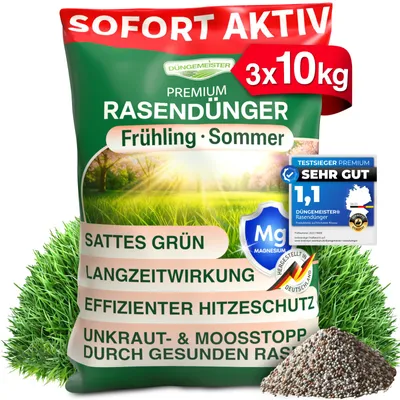Produktbild von DÜNGEMEISTER Rasendünger für Ihren sattgrünsten Traumrasen - gesunder, dichter und sattgrüner Rasen sofort mit revolutionärer KI Formel - Langzeit NPK/Organisch Frühjahr/Sommer (30 kg)