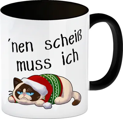 Produktbild von Genervter Kater Kaffeebecher in schwarz mit Spruch nen scheiß muss ich
