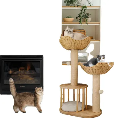 Image de Arbre à chat, trois étages, coussins en peluche et griffoir, bois naturel