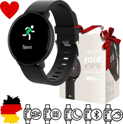 A smartwatch and its packaging are displayed, along with icons representing its features and a map of Germany.
