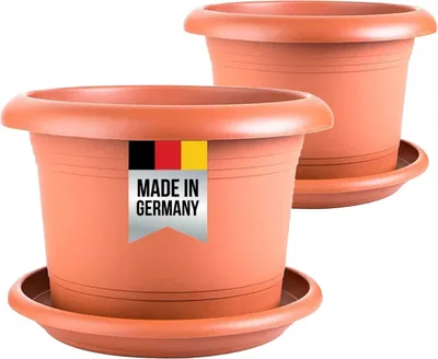 Produktbild von Große Pflanztöpfe rund 2er-Set mit Untersetzer terracotta, frostsicher, langlebig