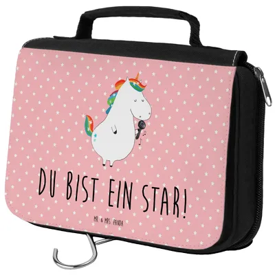 Produktbild von Mr. & Mrs. Panda Kulturbeutel Einhorn Sänger - Rot Pastell - Geschenk, beautycase, Unicorn, Geburtstag, Schminkbeutel, Fest, Freundin, badtasche, kosmetiktäschchen