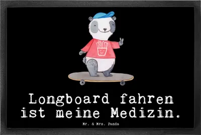 Produktbild von Mr. & Mrs. Panda Bodenvorleger Panda Longboard fahren 40 x 60 cm - Schwarz - Geschenk, Schmutzmatte, Skateboard, Stunts, Rollbrettfahren, Skaten, Schmutzfangmatte, Roller