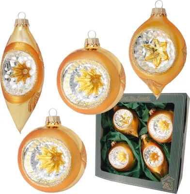 Produktbild von Krebs Glas Lauscha Christbaumschmuck 4er Set  Reflexsortiment Gold - Größe ca. 9cm