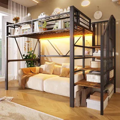 Image de Lit superposé Flieks 90 x 200 cm avec LED, lit d'enfant en métal avec escalier et sommier à lattes, lit mezzanine pour adolescent avec étagère grillagée et barrière de sécurité, noir