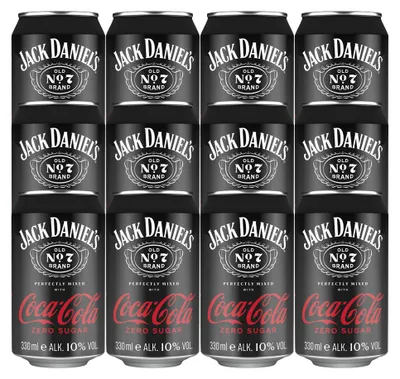 Immagine prodotto di Jack Daniels perfettamente miscelato con Coca Cola Zero Sugar 330ml confezione da 12 pezzi