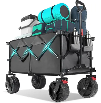 Image de Chariot de transport XXL - Pliable avec freins - Capacité de 200 litres - Charge maximale de 200 kg - Pneus tout-terrain extra larges - Mécanisme de pliage breveté à quatre directions - Couleur : gris