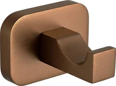 A close-up studio shot of a single copper-colored bathroom hook against a white background.