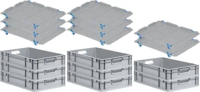 Produktbild von SuperSparSet 8x Eurobox NextGen Economy mit Auflagedeckel und 4x Schiebeschnappverschlüsse Blau | Griffe offen | HxBxT 12x40x60cm | 23 Liter | Eurobehälter, Transportbox, Transportbehälter, Stapelbehälter