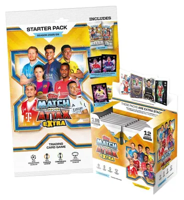 Zdjęcie produktu dla Topps – Karty kolekcjonerskie Match Attax Champions League 2025/26 EXTRA – 1 zestaw startowy + 1 ekspozytor (32 paczki)