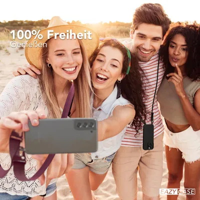 Produktbild von EAZY CASE - Hülle mit Band für Samsung Galaxy S21 FE 5G, Handyhülle mit Umhängeband, Silikonhülle transparent, Handykette in Rot