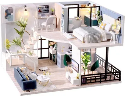 Immagine prodotto di Habarri | Casa in Miniatura - DIY Casa Delle Bambole - Casa in Legno con Mobili e Illuminazione a LED - Regalo per Bambini - Sveglia Alle Otto