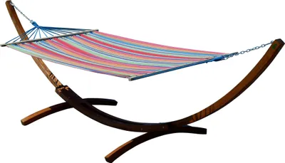 Produktbild von ALEOS. 400cm XXL Hängemattengestell Gestell aus Holz Lärche dunkelbraun mit Stab Hängematte Caleta 120x200 cm