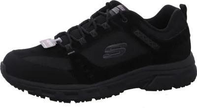 A black Skechers men's athletic shoe is shown from a side angle against a white background.
