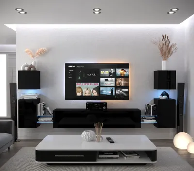 Produktbild von Furnitech Wohnwand Wohnzimmer - Wohnzimmer Möbel mit LED Blau - Hängend Wohnwand Modern - Regale und TV Schrank (AN105-21B-HG1 1A)