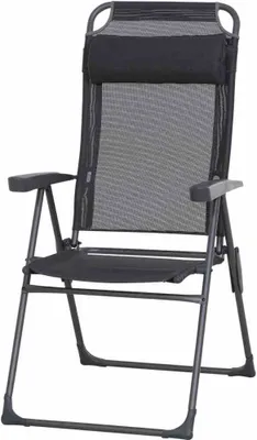 A black folding camping chair with a mesh back and headrest, shown from the front against a white background.