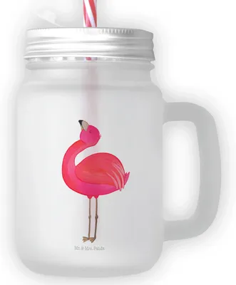 Produktbild von Mr. & Mrs. Panda Cocktailglas Flamingo Stolz - Transparent - Geschenk, Freundin, Rosa, Glas, Strohhalmglas, Trinkglas, mit deckel, Mama, Mason Jar, Selbstliebe