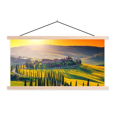 Produktbild von MuchoWow® Textilposter Gras - Sonne - Hügel - Landschaft 120x60 cm mit holzfarbenen Rahmen - Klemmleiste