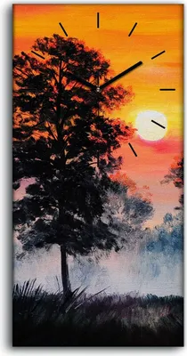 Produktbild von Leinwand Uhr Küche Wohnzimmer Bild 30x60 Landschaft Sonnenuntergang Wald Nebel - schwarze Hände