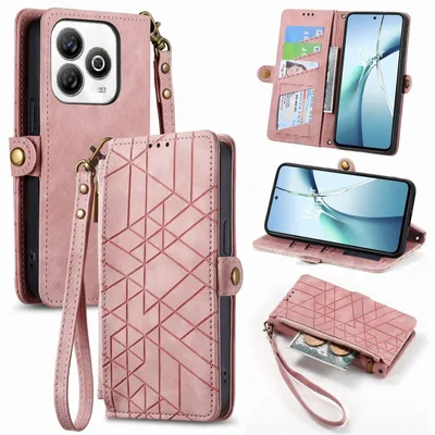 Produktbild von Für ZTE Blade A75 4G Geometric Design Kunstleder Zipper Book Wallet Tasche mit Schlaufe Rosa