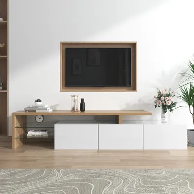 Immagine prodotto di Mobile TV moderno di design Fortuna Lai: eleganza elegante, pratico spazio di archiviazione, bianco lucido, aspetto legno, ripiani in vetro, illuminazione LED, 198x39x42cm