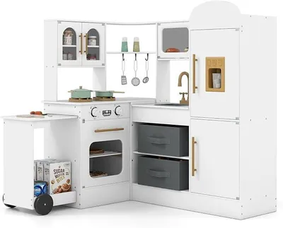 Imagen del producto de Cocina de juguete con luces y sonidos, cocina de madera con carrito extraíble, microondas, horno, máquina de helados y accesorios, cocina de juego para niños pequeños, tanto para niños como para niñas, a partir de 3 años (blanca)