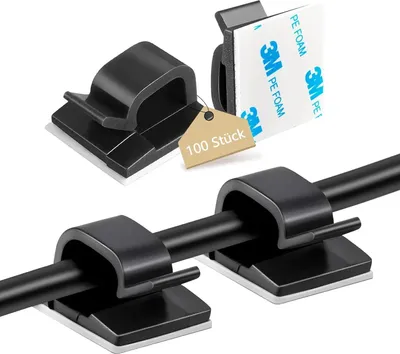 Produktbild von 100 Stück Kabelhalter, Outdoor Indoor Kabelclips Selbstklebend für Kabelmanagement, Kabelführung Organizer Kabelklemmen Haken Draht Halter für Kabelbefestigung Lichterkette, Groß 3M Schwarz