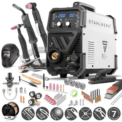 Immagine prodotto di STAHLWERK Saldatrice ad arco schermato a gas 4-in-1 combi CTM-250 ST - completamente equipaggiata - TIG, MIG/MAG, MMA (E-Hand/ARC), FLUX (filo animato) 200 A, CUT (plasma) 45 A