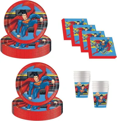 Produktbild von DC Superman Geburtstagsdeko, 52-teilig, Pappteller, Becher und Servietten für Kindergeburtstag, Partygeschirr
