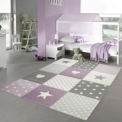 Produktbild von Kinderzimmer Teppich Spiel & Baby Teppich Herz Stern Punkte Design in lila grau creme Größe - 200 x 290 cm