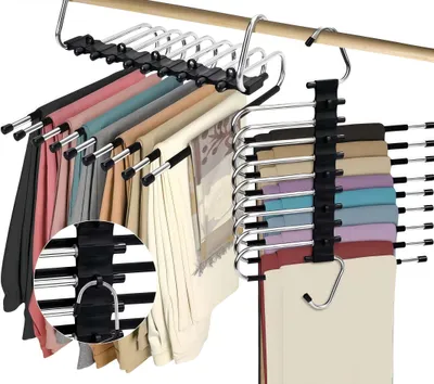 Produktbild von 2 Stk Hosenbügel rutschfeste Hosen Kleiderbügel, platzsparend, 9-lagige Hosenbügel, Multifunktionale Hosenregal, Schwarz