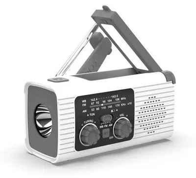 Produktbild von Solar-gepulde Notfall-Lampe mit Ladefunktion, Notradio für Katastrophenfälle, weiß, 2000 mAh