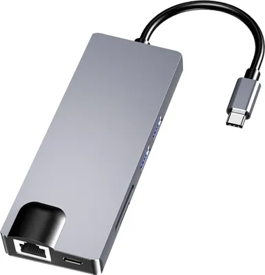 Produktbild von 8-in-1-Typ-C-Dockingstation, USB-C-Hub, Gehäuse aus Aluminiumlegierung, 2 x USB 3.0 + 1 x PD + 1 x HD + 1 x VGA + 1 x 100 M RJ45-Netzwerkanschluss + SD/TF-Kartensteckplatz