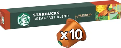 A box of Starbucks Breakfast Blend coffee capsules for Nespresso, with one capsule shown in the foreground.