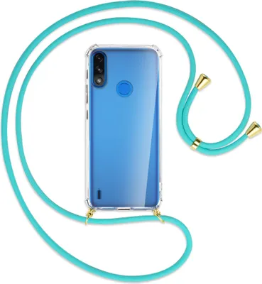 Produktbild von Handykette Backcover-Schutzhülle mit Band (Metall goldfarben) für Motorola Moto E7 Power, E7i Power - türkis