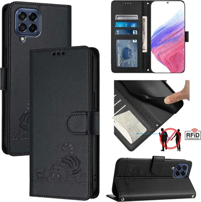 Produktbild von Leder Hülle für Samsung Galaxy M53 5G Süße Katze Flip Case Brieftasche Schutzhülle mit Standfunktion Schwarz