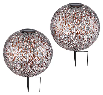 Zdjęcie produktu dla 2 sztuki lamp solarnych LED, kuliste, z kołkiem do montażu w ziemi, srebrno-szare, złote, wysokość 38 cm