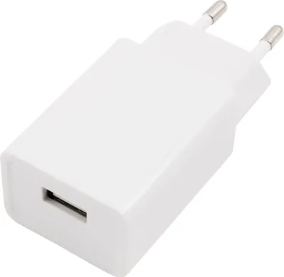 A white USB charger adapter with European-style prongs and a USB-A port.