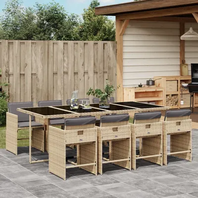 Produktbild von Design 9-tlg. Garten-Essgruppe mit Kissen Beigemischung Poly Rattan, Gartenmöbel-Sets 2024 Neu