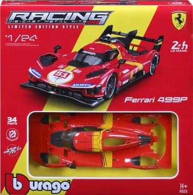 The image shows the packaging of a Bburago Ferrari 499P 1:24 LMH 2023 Bausatz. The packaging features a prominent image of the model car and relevant branding and product details.