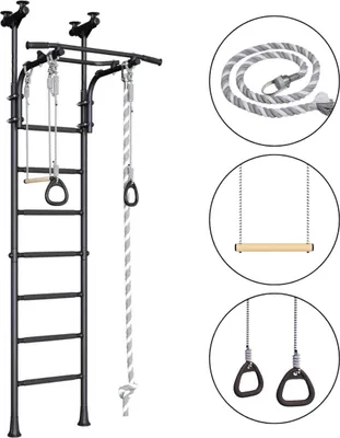 Image de Espalier pour enfants – Structure d'escalade d'intérieur en métal avec balançoire et roues de gymnastique – Comet 5, noir élite