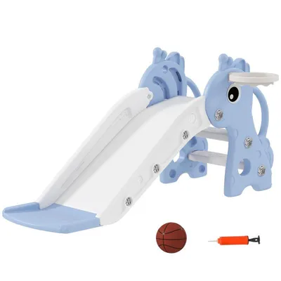 Produktbild von 3-in-1 Giraffenförmige Kinderrutsche – Indoor-Rutsche für Kinder – mit Basketballkorb, Klettergerüst und Basketball – 106 x 51,5 x 52 cm – Blau