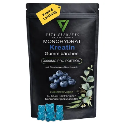Vita Elements Kreatin-Monohydrat Gummibärchen mit Blaubeer-Geschmack, 3000 mg pro Portion