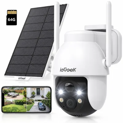 Zdjęcie produktu dla Kamera monitoringu zewnętrznego ieGeek, zasilana akumulatorem, 2K, monitorowanie zewnętrzne, solarna, 360°, Wi-Fi, zewnętrzna, bezprzewodowa, kolorowy tryb nocny, 64GB