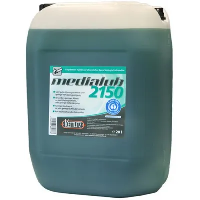 A large plastic container of green liquid, likely lubricant, with a label detailing product information.