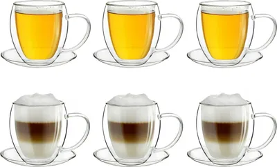 Produktbild von Creano 6 doppelwandige 250ml Glas-Thermotassen mit Untersetzer, Glas-Teetasse / Kaffeetasse mit Schwebeeffekt, Henkel im Geschenkkarton - 6er Set